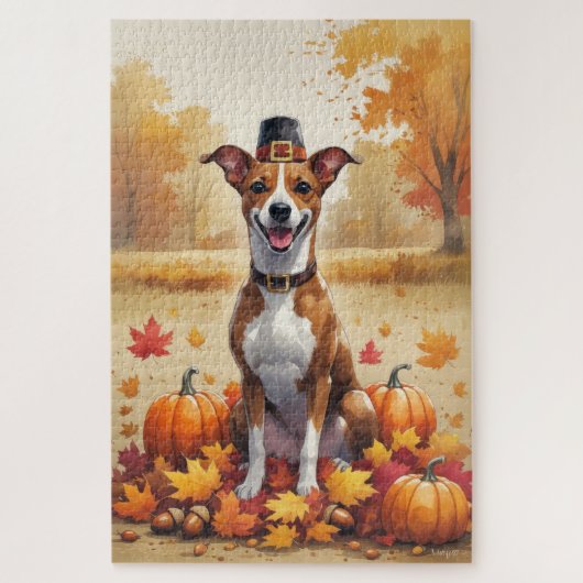 Basenji im Herbst hinterlässt Erntedank Art Puzzle (Vertikal)