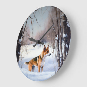 Basenji lassen es Schnee Weihnachten Große Wanduhr