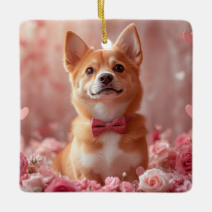 Basenji mit Rose - Valentinstag Keramikornament