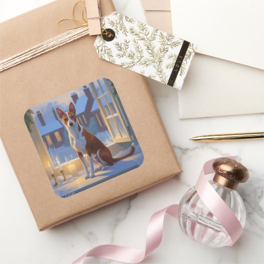 Basenji mit Weihnachtslichtern Urlaub Quadratischer Aufkleber (Schenken)