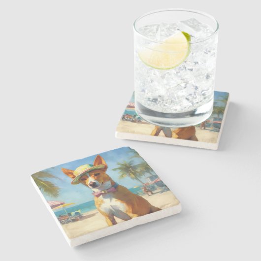 Basenji on Beach, Sommergeschenk für Hundefreunde Steinuntersetzer (Seitenansicht)