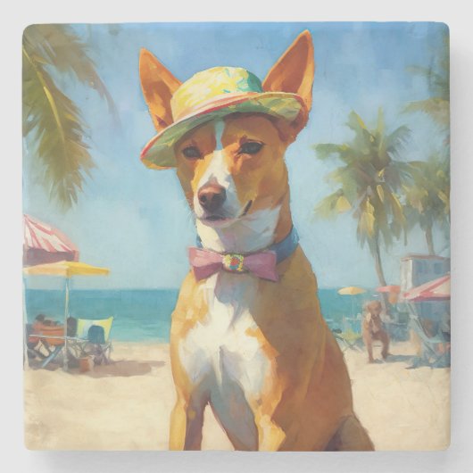 Basenji on Beach, Sommergeschenk für Hundefreunde Steinuntersetzer (Vorderseite)
