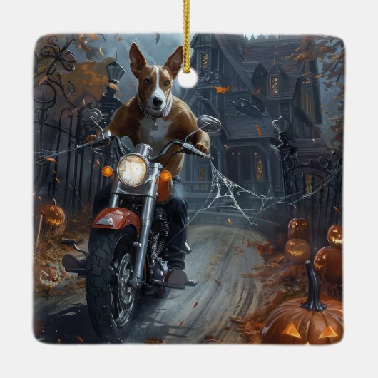 Basenji Riding Motorrad Halloween Beängstigend Keramikornament (Rückseite)