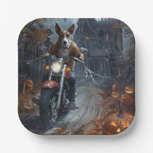 Basenji Riding Motorrad Halloween Beängstigend Pappteller (Vorderseite)