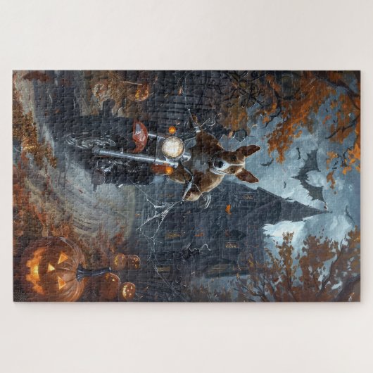 Basenji Riding Motorrad Halloween Beängstigend Puzzle (Horizontal)