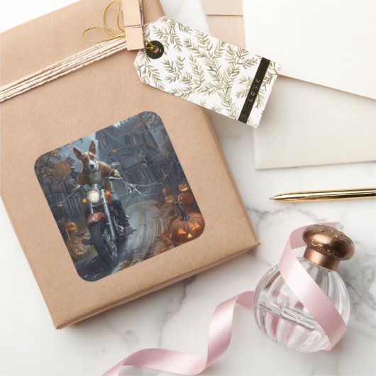 Basenji Riding Motorrad Halloween Beängstigend Quadratischer Aufkleber (Schenken)