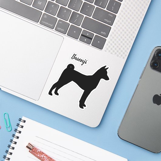 Basenji-Silhouette Cool Hundebrasse Vinyl Sticker (Laptop mit iPhone)