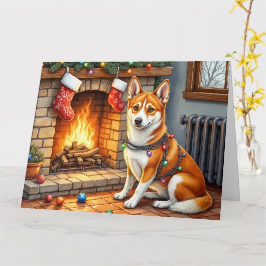 Basenji Sitting by Fireplace with Christmas Lights Karte (Gelbe Blume)