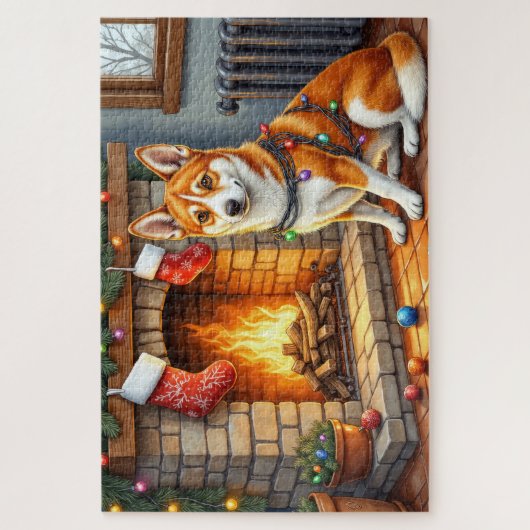 Basenji Sitting by Fireplace with Christmas Lights Puzzle (Vertikal)