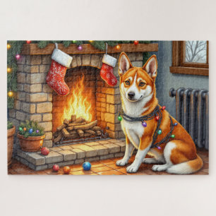 Basenji sitzt neben dem Kamin mit Weihnachtsbeleuc Puzzle