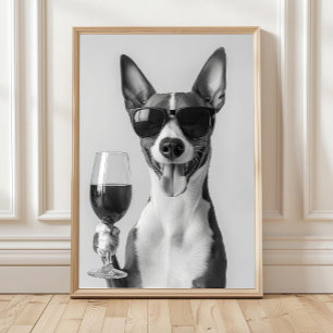 Basenji trinkt Wein Wandkunst, Schwarz und Weiß Poster