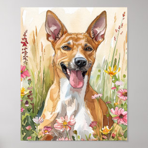 Basenji Watercolor Hund Art - Happy Floral Portrai Poster