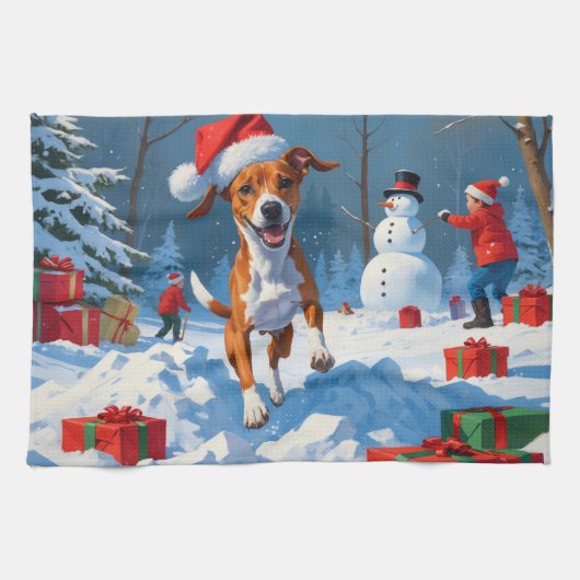Basenji Weihnachtsfest Schneeszene Geschirrtuch (Horizontal)