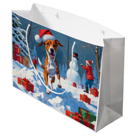 Basenji Weihnachtsfest Schneeszene Große Geschenktüte (Rückseite Schrägansicht)