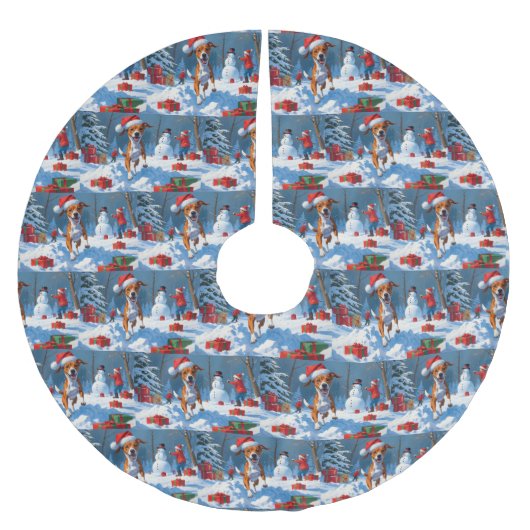 Basenji Weihnachtsfest Schneeszene Polyester Weihnachtsbaumdecke (Vorderseite)