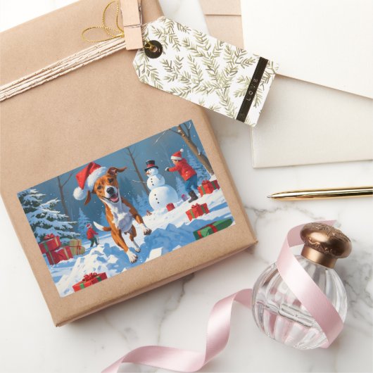 Basenji Weihnachtsfest Schneeszene Rechteckiger Aufkleber (Schenken)
