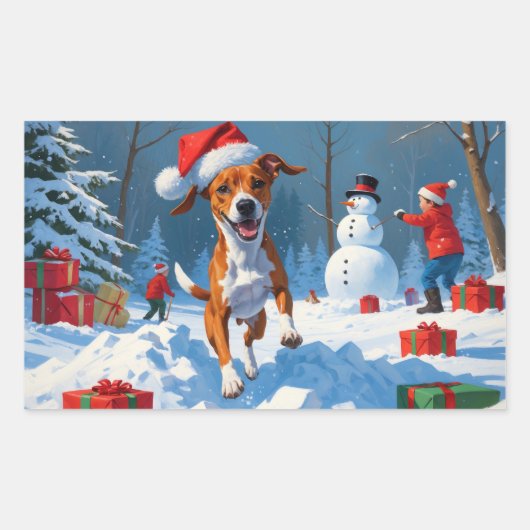 Basenji Weihnachtsfest Schneeszene Rechteckiger Aufkleber (Vorderseite)