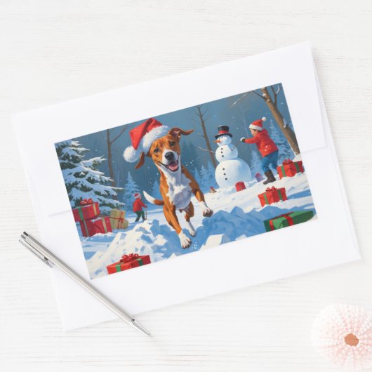 Basenji Weihnachtsfest Schneeszene Rechteckiger Aufkleber (Umschlag)