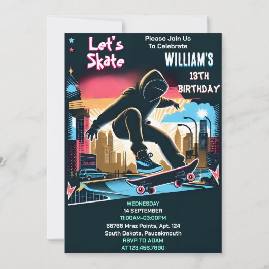 Bash Scooter Jump Zone Skateboarding 13. Geburtsta Einladung (Vorderseite)