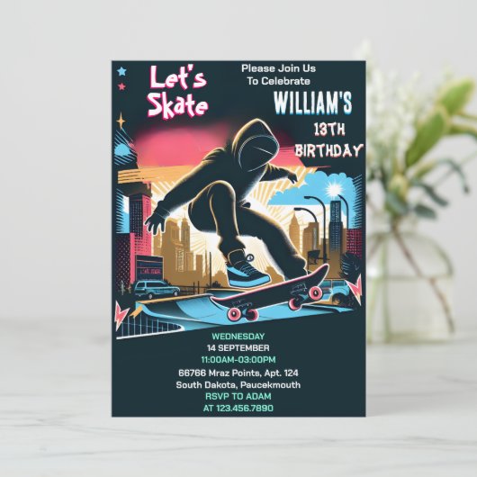 Bash Scooter Jump Zone Skateboarding 13. Geburtsta Einladung (Stehend Vorderseite)