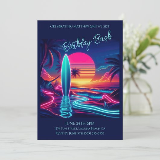 Bash-Sunset Surfboard Neon Lights- Einladung (Stehend Vorderseite)