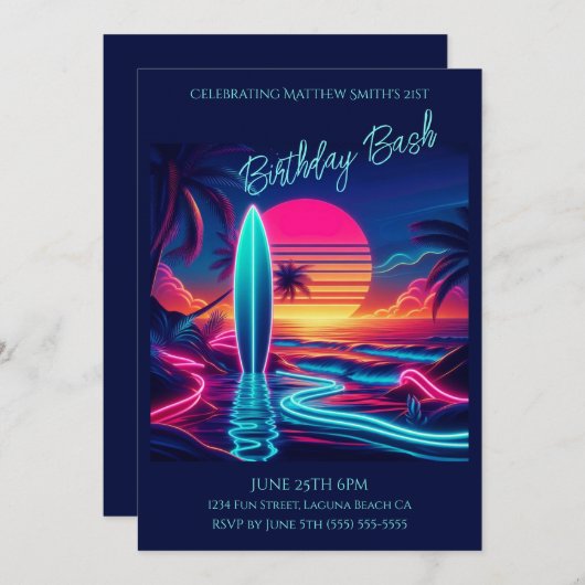 Bash-Sunset Surfboard Neon Lights- Einladung (Vorne/Hinten)