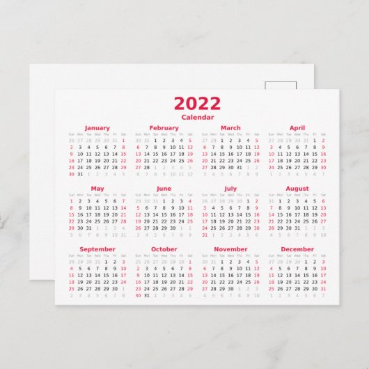 Basic 2022 Monthly Calendar Postkarte (Vorne/Hinten)