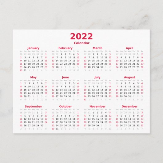 Basic 2022 Monthly Calendar Postkarte (Vorderseite)