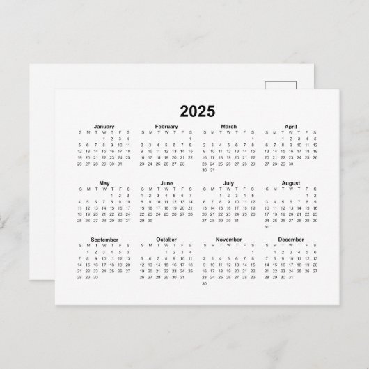 Basic 2025 Monthly Calendar Postkarte (Vorne/Hinten)