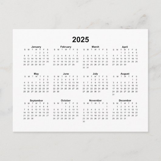 Basic 2025 Monthly Calendar Postkarte (Vorderseite)