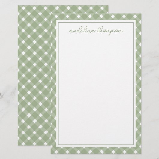 Basic Gingham Sage Green Border Briefpapier (Vorne/Hinten)