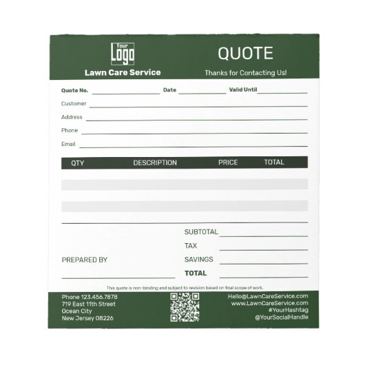 Basic Lawn Care Service Business Quote Notizblock (Vorderseite)