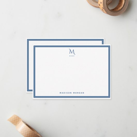 Basic Monogram Navy Blue Border Personalized  Mitteilungskarte (Vorderseite/Rückseite Beispiel)