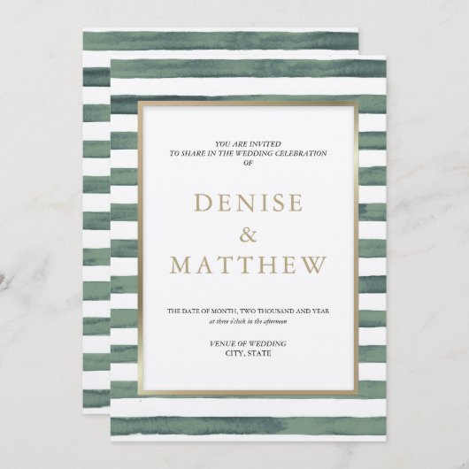Basil Grüne Aquarellstreifen mit Goldschrift Einladung (Vorne/Hinten)