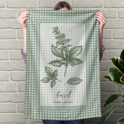 Basil Herb Kitchen Towel – Green Gingham Border Geschirrtuch