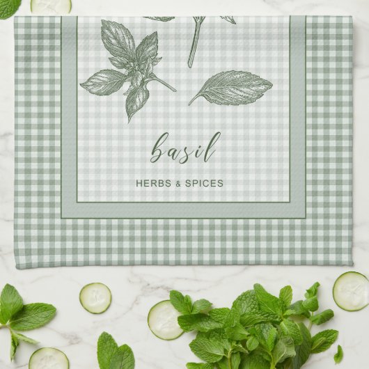Basil Herb Kitchen Towel – Green Gingham Border Geschirrtuch (Gefaltet)