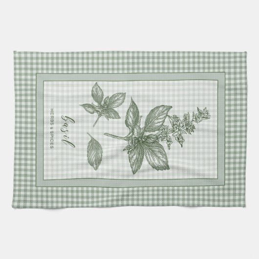 Basil Herb Kitchen Towel – Green Gingham Border Geschirrtuch (Horizontal)