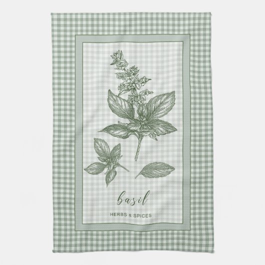 Basil Herb Kitchen Towel – Green Gingham Border Geschirrtuch (Vertikal)