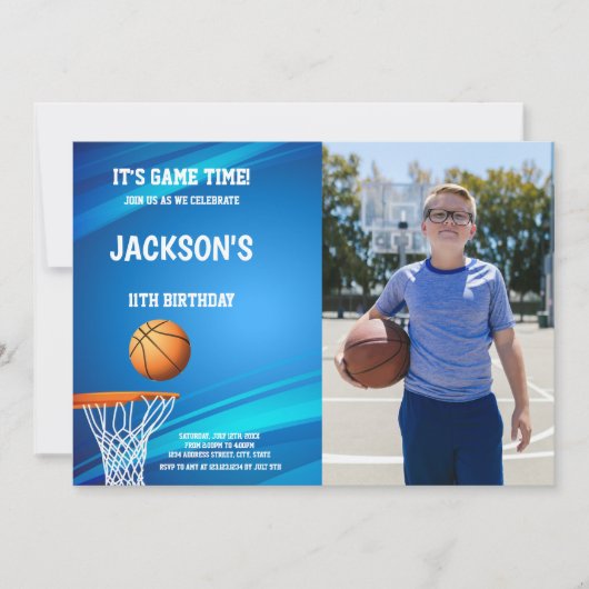 Basket Blue Back Basketball Einladungen mit Foto (Vorderseite)