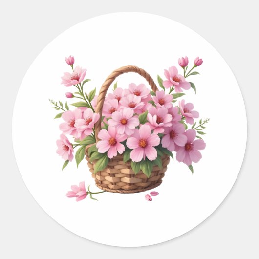 Basket with Pink Cherry Blossom Flowers  Runder Aufkleber (Vorderseite)