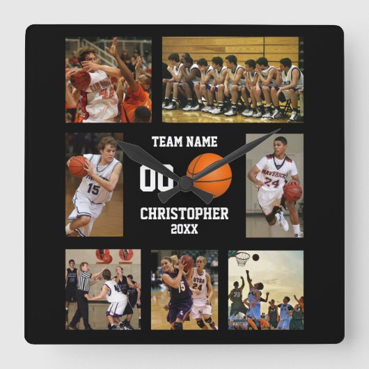 Basketball 7 Foto Collage Quadratische Wanduhr (Vorderseite)