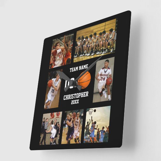 Basketball 7 Foto Collage Quadratische Wanduhr (Winkel)