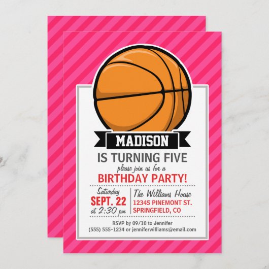 Basketball auf rosa Streifen, Streifen Einladung (Vorne/Hinten)
