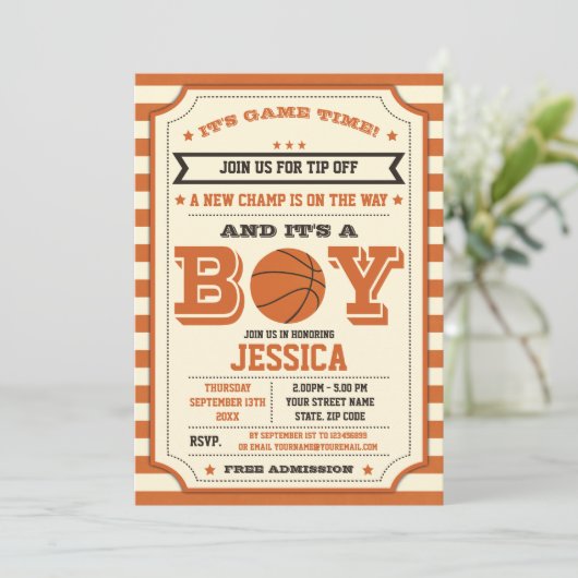 Basketball Baby Shower Ticket Einladung (Stehend Vorderseite)