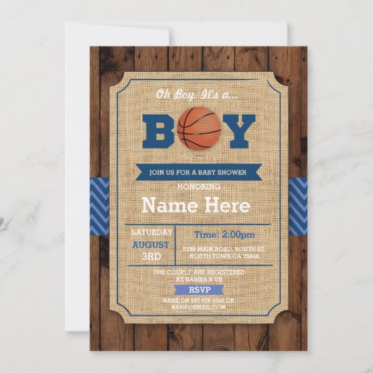 Basketball Babydusche Oh Boy Blue Wood Einladung (Vorderseite)