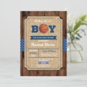 Basketball Babydusche Oh Boy Blue Wood Einladung (Stehend Vorderseite)