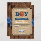 Basketball Babydusche Oh Boy Blue Wood Einladung (Vorne/Hinten)