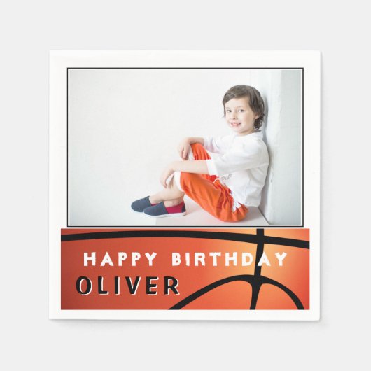 Basketball Ball Boy Birthday Foto Party Serviette (Vorderseite)