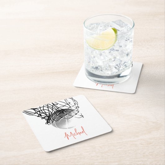 Basketball-Ball in Schwarz und Weiß - Ihr Name Rechteckiger Pappuntersetzer (Vor Ort)