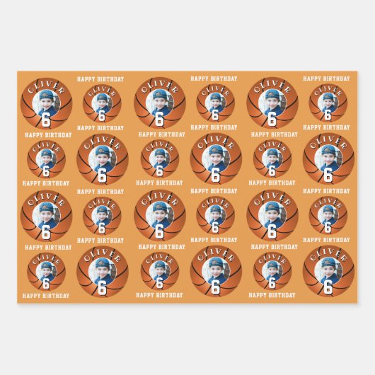 Basketball Ball Kinder Happy Birthday Age Foto Geschenkpapier Set (Vorderseite)